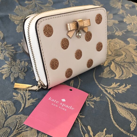 NEW cute Kate Spade New York Wrapping Party Small Zip Cardcase in Parchment/Gold - Picture 2 of 14